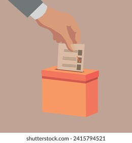 Hand putting ballot paper in voting box on beige background