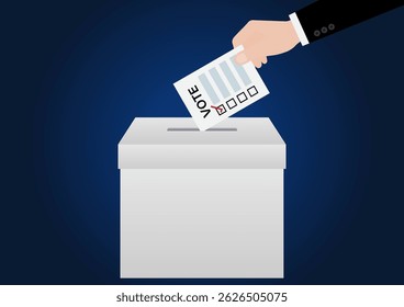 Mano que pone la papeleta o el papel de votación en  ฺurna. Concepto electoral. Ilustración vectorial.