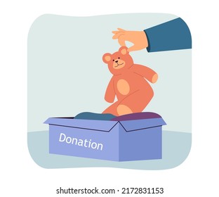 Hand putting bear toy into donation box flat vector illustration. Carboard box with clothes and toys for refugees. Donation, charity, help concept for banner, website design or landing web page