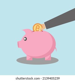 Hand putting bitcoin into piggy bank. savings concept. Vector illustration.
