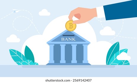 Hand putting bitcoin into piggy bank. Crypto currency savings concept. Blockchain, cryptocurrency concept. Bitcoin saving or accumulation of money, investment. Vector illustration