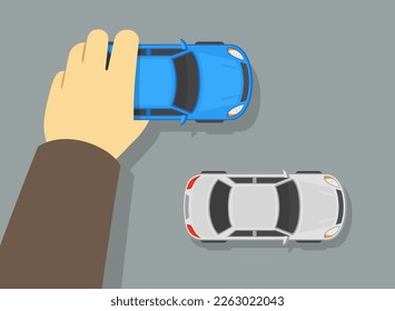 Poniendo mano un modelo de auto azul en el camino de los juguetes. Vista superior de un flujo de tráfico de juguetes. Plantilla de ilustración vectorial plana. 