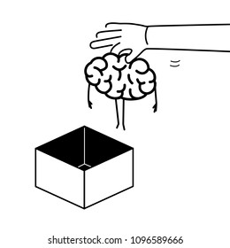 Hand putting brain out of the box. Vector concept illustration of unconventional thinking out of the box | flat design linear infographic icon black on white background