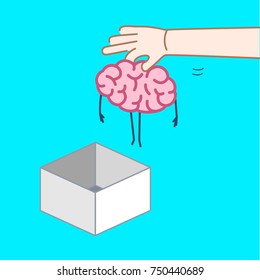 Hand putting brain out of the box. Vector concept illustration of unconventional thinking out of the box | flat design linear infographic icon on blue background