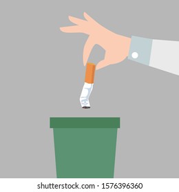 Hand putting cigarettes in trash bin flat style