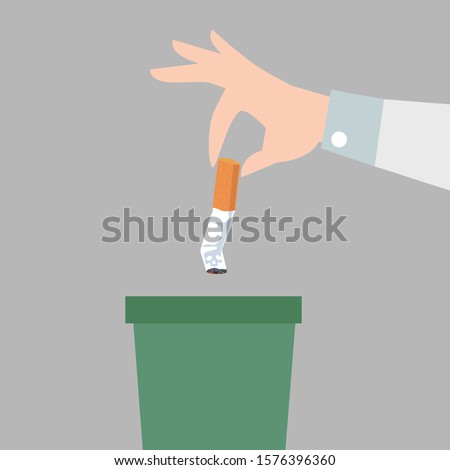 Hand putting cigarettes in trash bin flat style