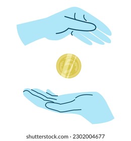 Hand putting coin to another hand. Concept of charity project, donation service, fundraising program, nonprofit organization, financial endowment, donate. Modern flat vector illustration.