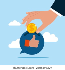 Hand putting coin a bubble with thumbs up. Social media positive feedback. Modern vector illustration in flat style