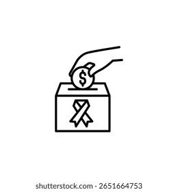 Hand Putting Coin In Charity Box With Awareness Ribbon Symbol