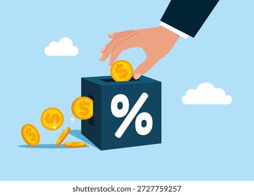 Colocar a mano una moneda en un bloque de cubo con símbolo de porcentaje. Invierte dinero en la estrategia para obtener beneficios de retorno, retornos de los costos que se han invertido. Tasas de interés, financieras e hipotecarias. Vector