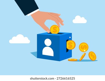 Mano que pone un cubo de la moneda con el empleado del icono. Invierte dinero en personal para obtener ganancias de retorno, retornos de los costos que se han invertido. Atraer nuevos clientes o seguidores. Vector 
