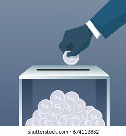 Hand Putting Coin In Donate Box For Charity Contribution Flat Vector Illustration