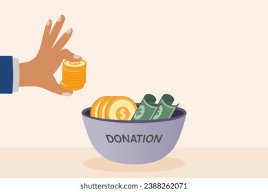Hand putting coin in the donation bowl. Donation and charity concept. Vector illustration.