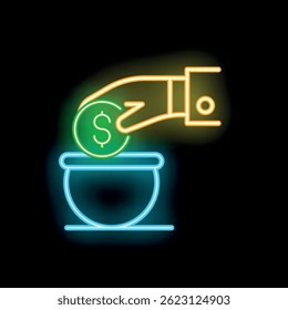 Mão colocando moeda na caixa de doação ícone de sinal de néon