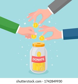 Hand Putting Coin In Glass Jar. Donate, Giving Money, Charity, Volunteering Concept. Donation Box Isolated On Background. Vector Flat Design