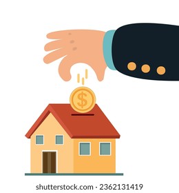 Hand putting coin in house piggy bank vector
