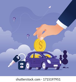 Hand putting coin into the car as piggy bank-Save money for car concept