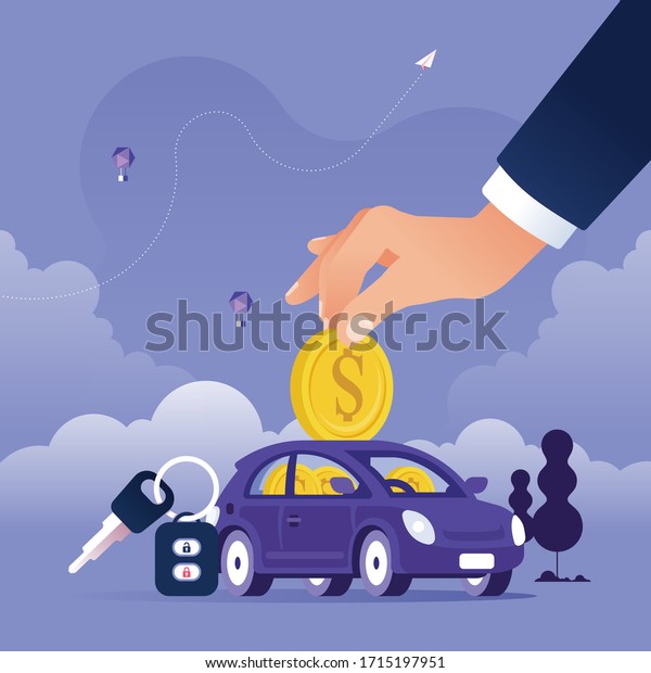 Hand putting coin into the car as piggy bank-Save\
money for car concept