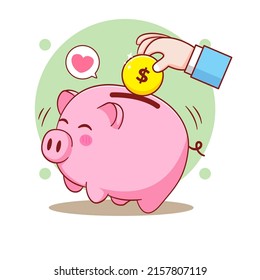 Hand putting coin into cute piggy bank cartoon illustration