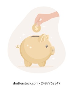 A hand putting a coin into a golden piggy bank. Flat vector illustration