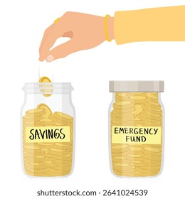 Hand putting coin into jar labeled "Savings". Full jar labeled "Emergency Fund". Money saving, personal finance, budgeting, investment, emergency savings, financial planning.