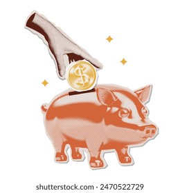 Hand putting coin into the Piggy Bank. Retro halftone collage . Isolated Vector illustration of dotted money symbol. Mixed media trendy design.