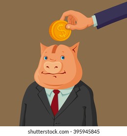 hand putting coin into a piggy bank dressed up in suit