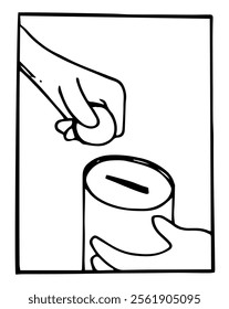 Hand putting a coin into a tin piggy bank. Black and white hand drawn cartoon style vector illustration.