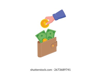 Mano que pone la moneda en el presupuesto de la cartera y el Vector de planificación financiera