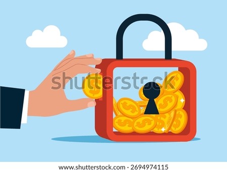 Hand putting coin a lock. Locked with padlock inside coins dollar. Payment protection. Secure payment. Vector flat illustration