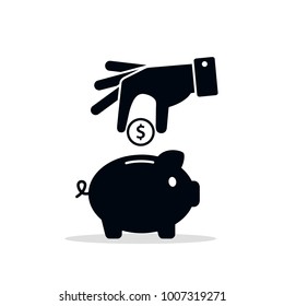 Hand putting coin money into piggy bank icon, Vector business saving money flat illustration.