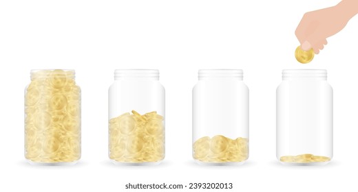 Hand Putting Coin in Money Jar. Glass Jar with Coins. Growing Money, Saving and Investment Concept. 