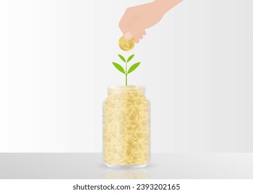 Hand Putting Coin in Money Jar. Glass Jar with Coins. Growing Money, Saving and Investment Concept. 