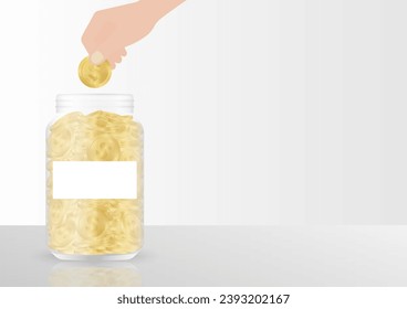 Hand Putting Coin in Money Jar. Glass Jar with Coins. Growing Money, Saving and Investment Concept. 
