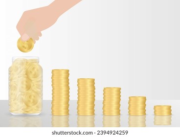 Hand Putting Coin in Money Jar. Glass Jar with Coins. Growing Money, Saving and Investment Concept. 