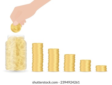 Hand Putting Coin in Money Jar. Glass Jar with Coins. Growing Money, Saving and Investment Concept. 