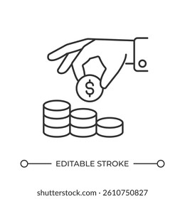 Hand putting coin on stack line icon. Savings investment program. Money earnings amount. Business profit. Isolated vector illustration. Outline symbol. Simple linear drawing. Editable stroke
