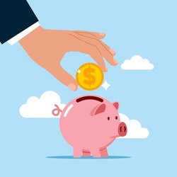 Hand Putting Coin A Piggy Bank Money Savings. Modern Vector Illustration In Flat Style