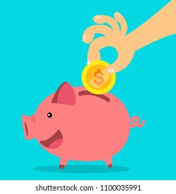 Hand putting coin in piggy bank. money saving concept. vector illustration.
