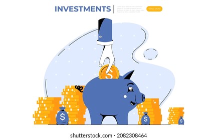 Hand putting coin in piggy bank. Smart investment banner template. Pension savings plan. Concept of investment, retirement plan, money savings. Cartoon vector illustration.