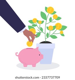 Hand putting coin in a piggy bank with a money plant near it. Concept of money savings and investment. Vector illustration in flat style