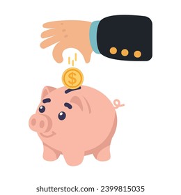 Hand putting coin in piggy bank concept vector