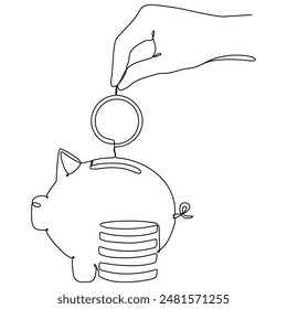 Hand putting coin in piggy bank continuous line drawn. Investment and save money concept. Vector illustration isolated on white.