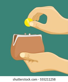 Hand putting coin in purse. Hand taking coin from wallet. Paying with cash concept. Flat vector illustration