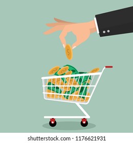  Hand putting coin shopping cart money savings concept of growth