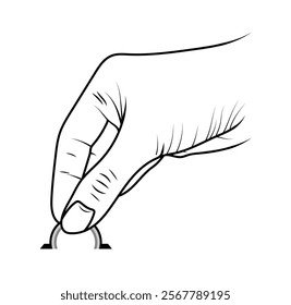 Hand putting a coin in the slot of a piggy bank. Inserting coin. Saving money. Realistic inked strokes sketch style black and white vector illustration.