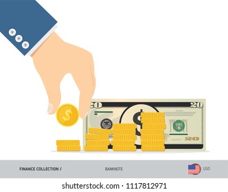 Hand putting coins to coin stack with 20 US Dollar Banknote. Flat style vector illustration. Growing graph. Finance concept.