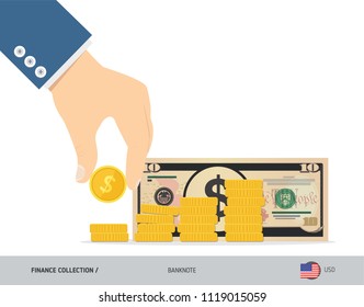 Hand putting coins to coin stack with 10 US Dollar Banknote. Flat style vector illustration. Growing graph. Finance concept.