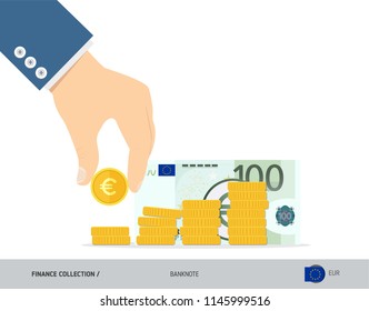 Hand putting coins to coin stack with 100 Euro Banknote. Flat style vector illustration. Growing graph. Finance concept.