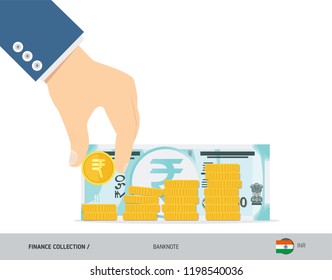 Hand putting coins to coin stack with 50 Indian Rupee Banknote. Flat style vector illustration. Growing graph. Finance concept.